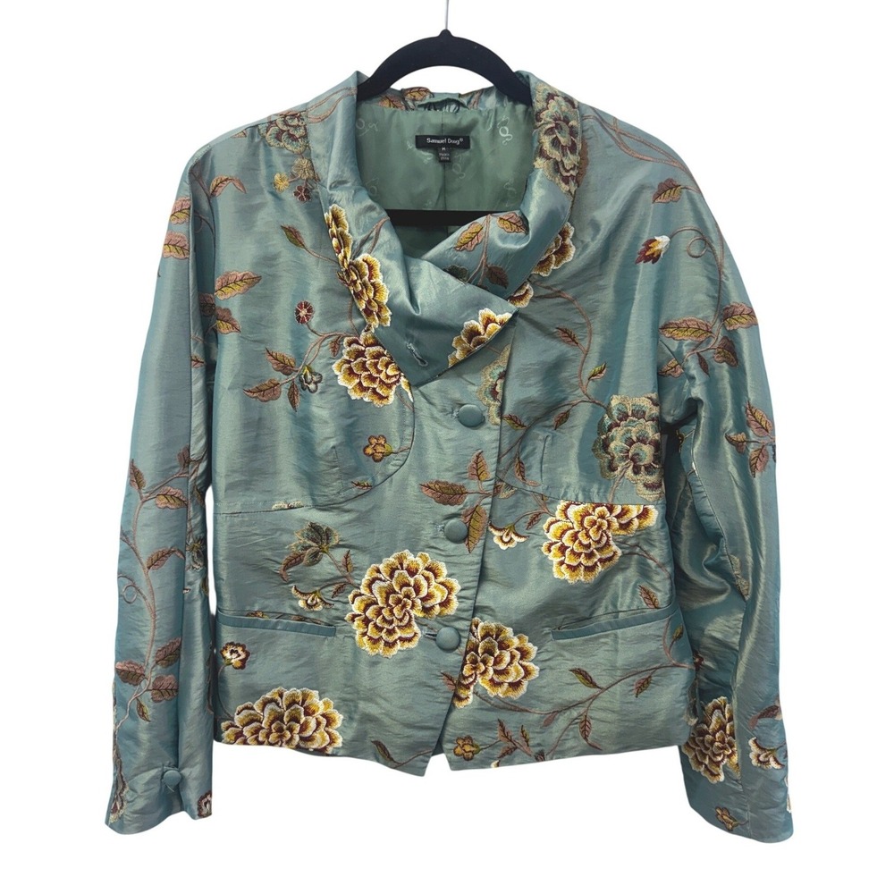 Samuel Dong Teal Embroidered Floral Jacket Architectural Collar Special Occasion